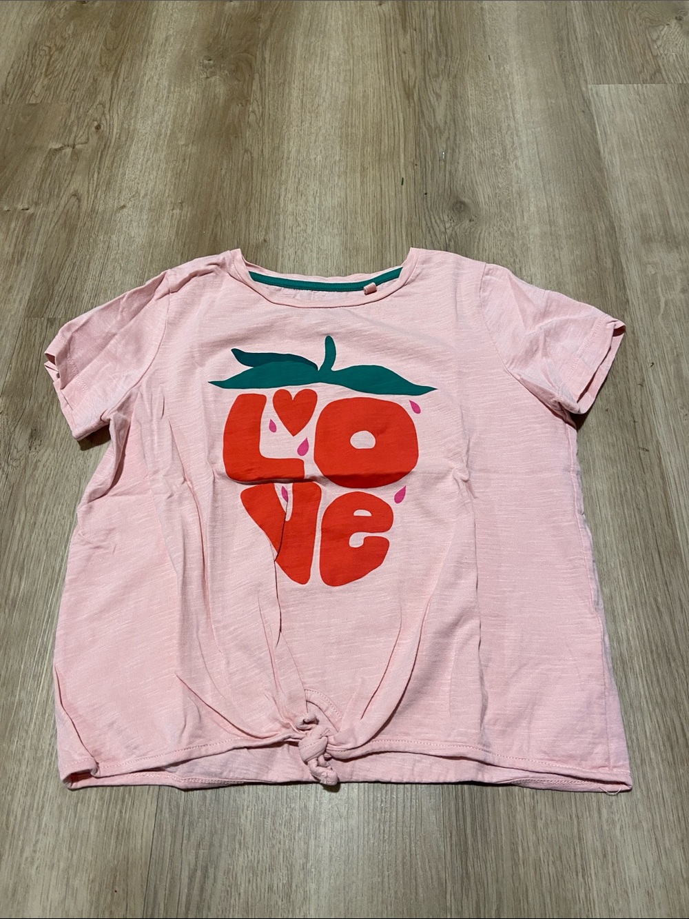 Boden Pink Tee with Red Heart 'LOVE' Graphic and Green Trim